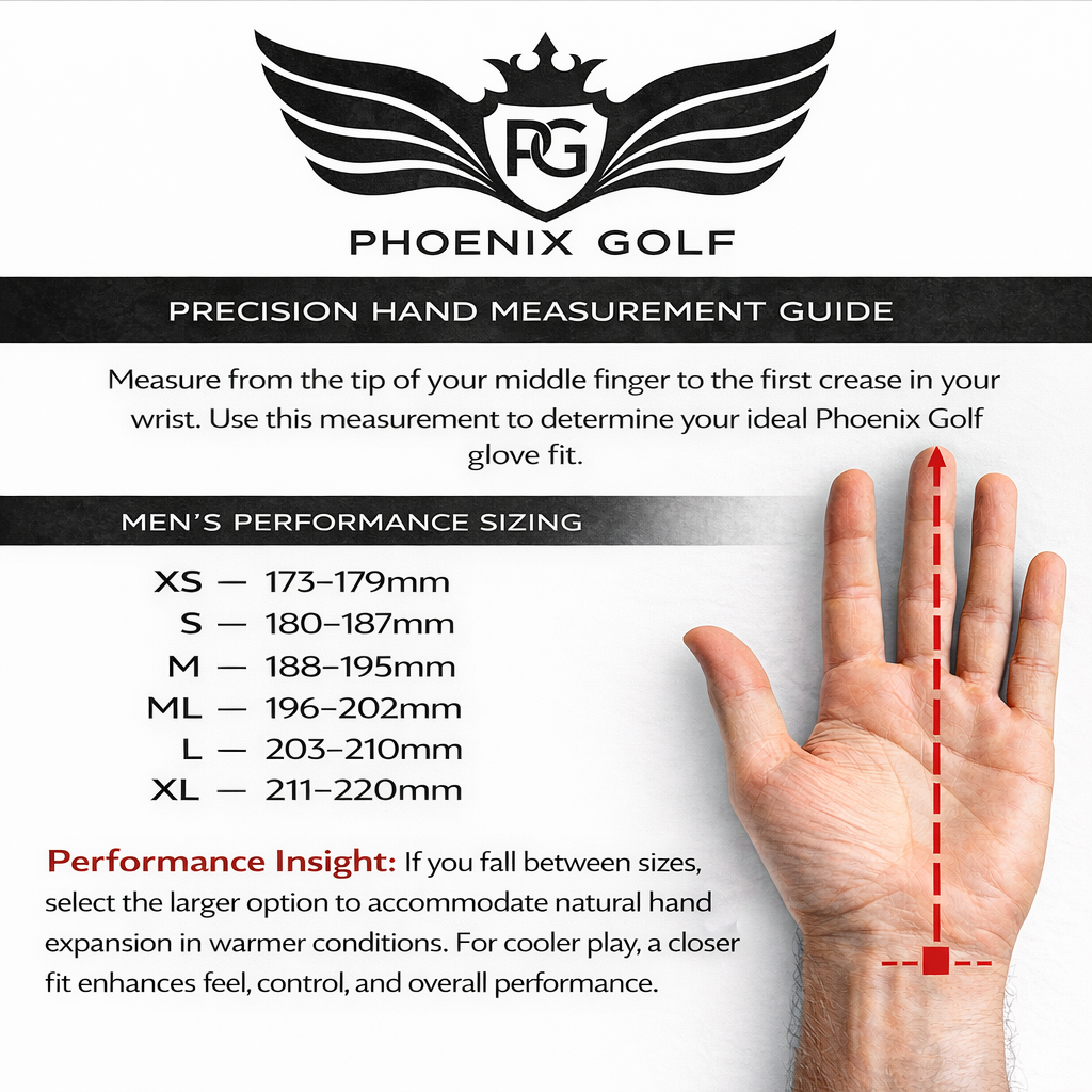 Phoenix Golf Glove sizing guide showing measurements for all sizes of golf, with Phoenix golf branding at the top