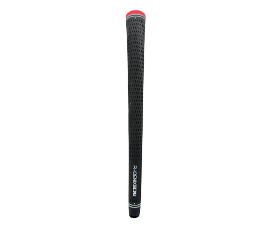Phoenix Golf Heritage Cross club grip in black featuring a high-traction surface. with the phoenix logo in white and a red top