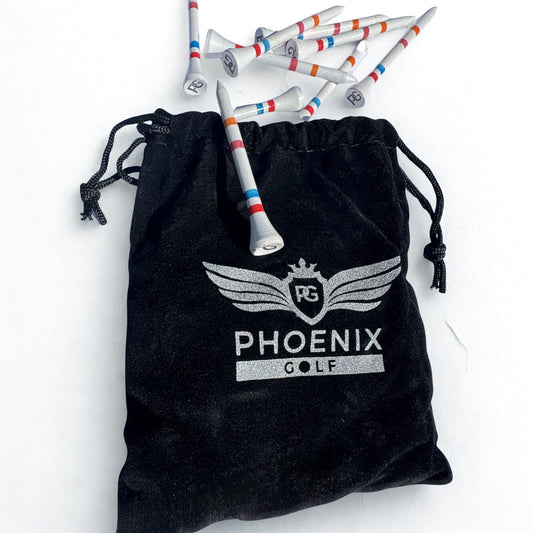 Phoenix Golf Tour Bamboo Castle Tees and a black velvet pouch with Phoenix golf branding on in silver